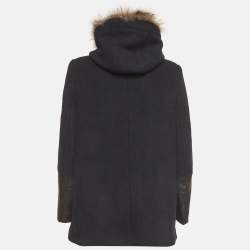 Pre Owned Sandro Navy Blue Felt Fur Trim Asymmetric Zipped Coat L