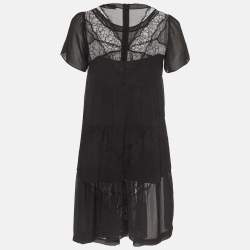 Pre Owned Sandro Black Crepe Lace Detail Round Neck Mini Dress S 