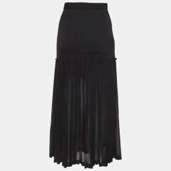 Pre Owned Sandro Black Gabardine and Chiffon Pleated Midi Skirt S