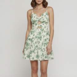 مملوكة مسبقًا Sandro Cream / Green Printed Linen Blend Back Tie up Short Dress S