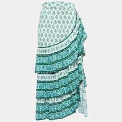 Sandro White/Green Print Cotton Tiered Midi Skirt S