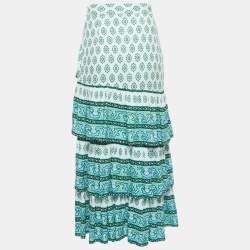 Sandro White/Green Print Cotton Tiered Midi Skirt S