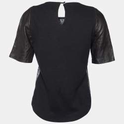Pre Owned Sandro Black Terry & Leather Short Sleeve Blouse L