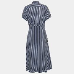 Pre Owned Sandro Blue Striped Print Cupro Shirt Dress M