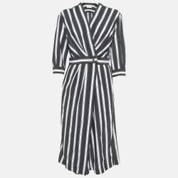 Pre Owned Sandro Black/White Striped Crepe Midi Shirt Dress M