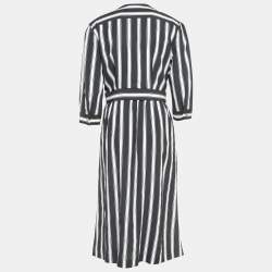 Pre Owned Sandro Black/White Striped Crepe Midi Shirt Dress M