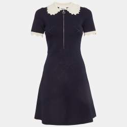 Sandro Navy Blue Patterned Knit Zip-Up Mini Dress S