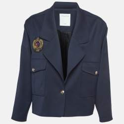 Sandro Navy Blue Wool Crest Patch Detail Short Blazer M