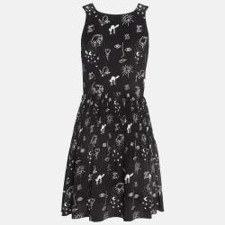 Pre Owned Sandro Black Printed Silk Zip-Up Mini Dress M