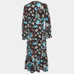 Pre Owned Sandro Black Floral Printed Silk Midi Dress S