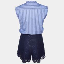 Pre Owned Sandro Blue Floral Lace and Pinstripe Cotton Playsuit M