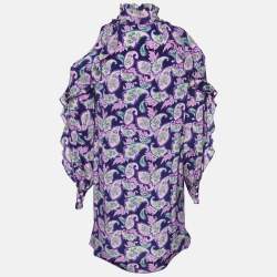 Pre Owned Sandro Purple Paisley Print Silk Ruffled Mini Dress S