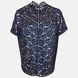 Pre Owned Sandro Blue Lace and Cotton High Neck Blouse M