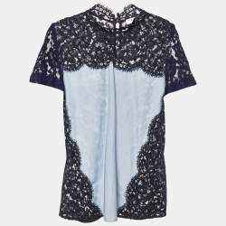 Pre Owned Sandro Blue Lace and Cotton High Neck Blouse M