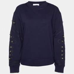 Pre Owned Sandro Navy Blue Cotton Blend Knit Embellished Sleeve Sweatshirt S