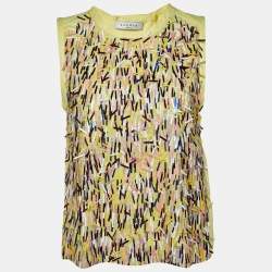 Sandro Yellow Sequin Fringe Embellished Mesh Sleeveless Top S