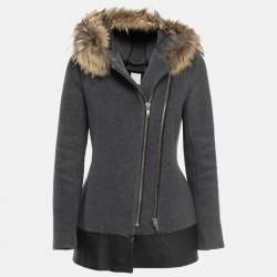 Sandro Grey Wool Blend and Fur Hooded Coat XS