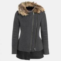 Sandro Grey Wool Blend and Fur Hooded Coat XS