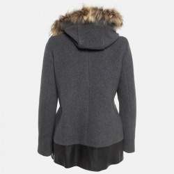 Sandro Grey Wool Blend and Fur Hooded Coat XS