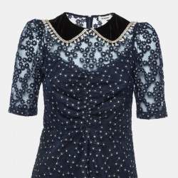 Pre Owned Sandro Navy Lace Neck Embellished Mini Dress XS