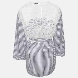 Pre Owned Sandro White/Blue Striped Cotton Lace Trim Dorothee Top L