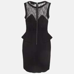 Pre Owned Sandro Black Lace And Crepe Peplum Mini Dress S