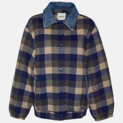 Sandro Navy Blue Checked Wool & Denim Short Coat S