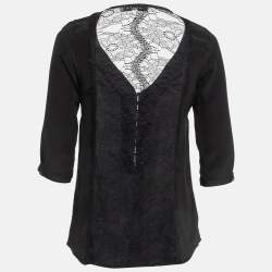 Pre Owned Sandro Black Silk Lace Trim Top S