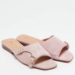 Santoni Pink Suede Double Buckle Flat Sandals Size 35