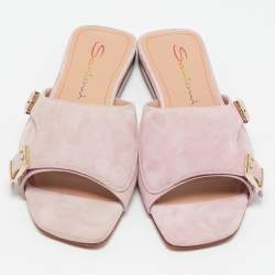 Santoni Pink Suede Double Buckle Flat Sandals Size 35