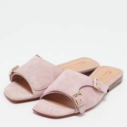 Santoni Pink Suede Double Buckle Flat Sandals Size 35
