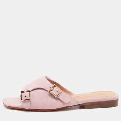 Santoni Pink Suede Double Buckle Flat Sandals Size 35
