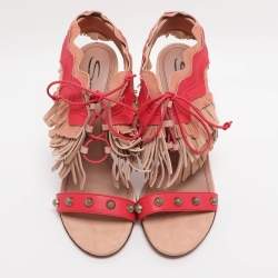 Pre Owned Santoni Multicolor Suede Fringe Lace Up Ankle Wrap Sandals 40