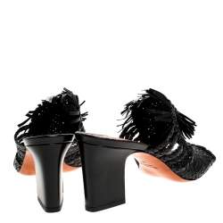 مملوكة مسبقًا Santoni Black Woven Leather Fringe Detail Open Toe Mules Size 38.5