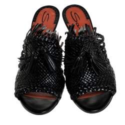 مملوكة مسبقًا Santoni Black Woven Leather Fringe Detail Open Toe Mules Size 38.5