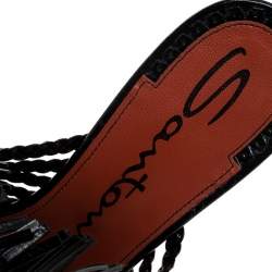 مملوكة مسبقًا Santoni Black Woven Leather Fringe Detail Open Toe Mules Size 38.5