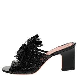 مملوكة مسبقًا Santoni Black Woven Leather Fringe Detail Open Toe Mules Size 38.5