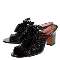مملوكة مسبقًا Santoni Black Woven Leather Fringe Detail Open Toe Mules Size 38.5