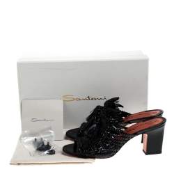 مملوكة مسبقًا Santoni Black Woven Leather Fringe Detail Open Toe Mules Size 38.5