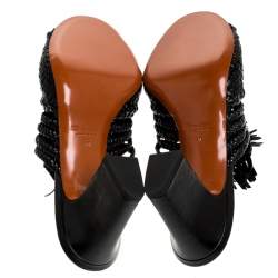 مملوكة مسبقًا حذاء مولز سانتوني مقدمة مفتوحة تفاصيل شراشيب جلد مغزول أسود مقاس 40