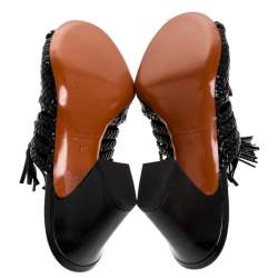 Santoni Black Woven Leather Fringe Detail Open Toe Mules Size 37