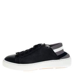 Pre Owned Santoni Dark Blue Leather and Elastic Band Lace Low Top Sneakers Size 38