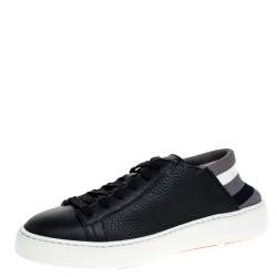 Pre Owned Santoni Dark Blue Leather and Elastic Band Lace Low Top Sneakers Size 39