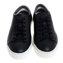 Pre Owned Santoni Dark Blue Leather and Elastic Band Lace Low Top Sneakers Size 37