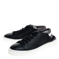 Pre Owned Santoni Dark Blue Leather and Elastic Band Lace Low Top Sneakers Size 37