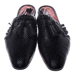 مملوكة مسبقًا Santoni Black Woven Leather Fringe Detail Flat Mules Size 37