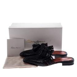 مملوكة مسبقًا Santoni Black Woven Leather Fringe Detail Flat Mules Size 37