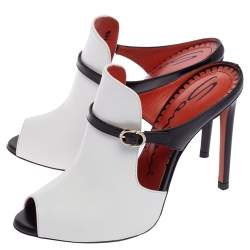 Santoni White/Black Leather Peep-Toe Mules Size 35.5