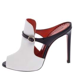 Santoni White/Black Leather Peep-Toe Mules Size 35.5