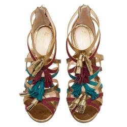 Pre Owned Santoni Multicolor Suede And Leather Fringe Detail Strappy Sandals Size 40